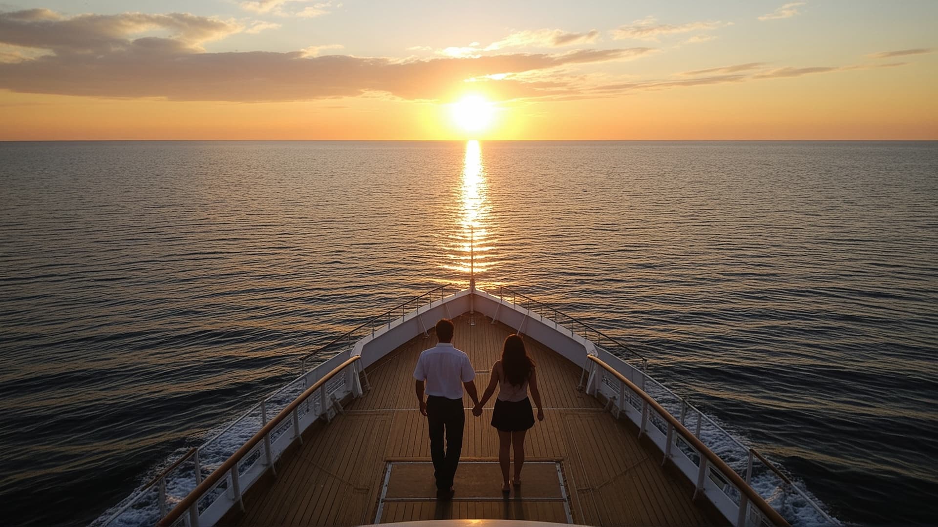 Couple watching sunset from cruise ship bow