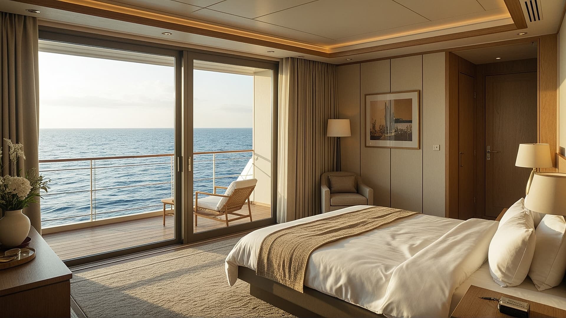 Cruise ship balcony cabin with private terrace overlooking the ocean