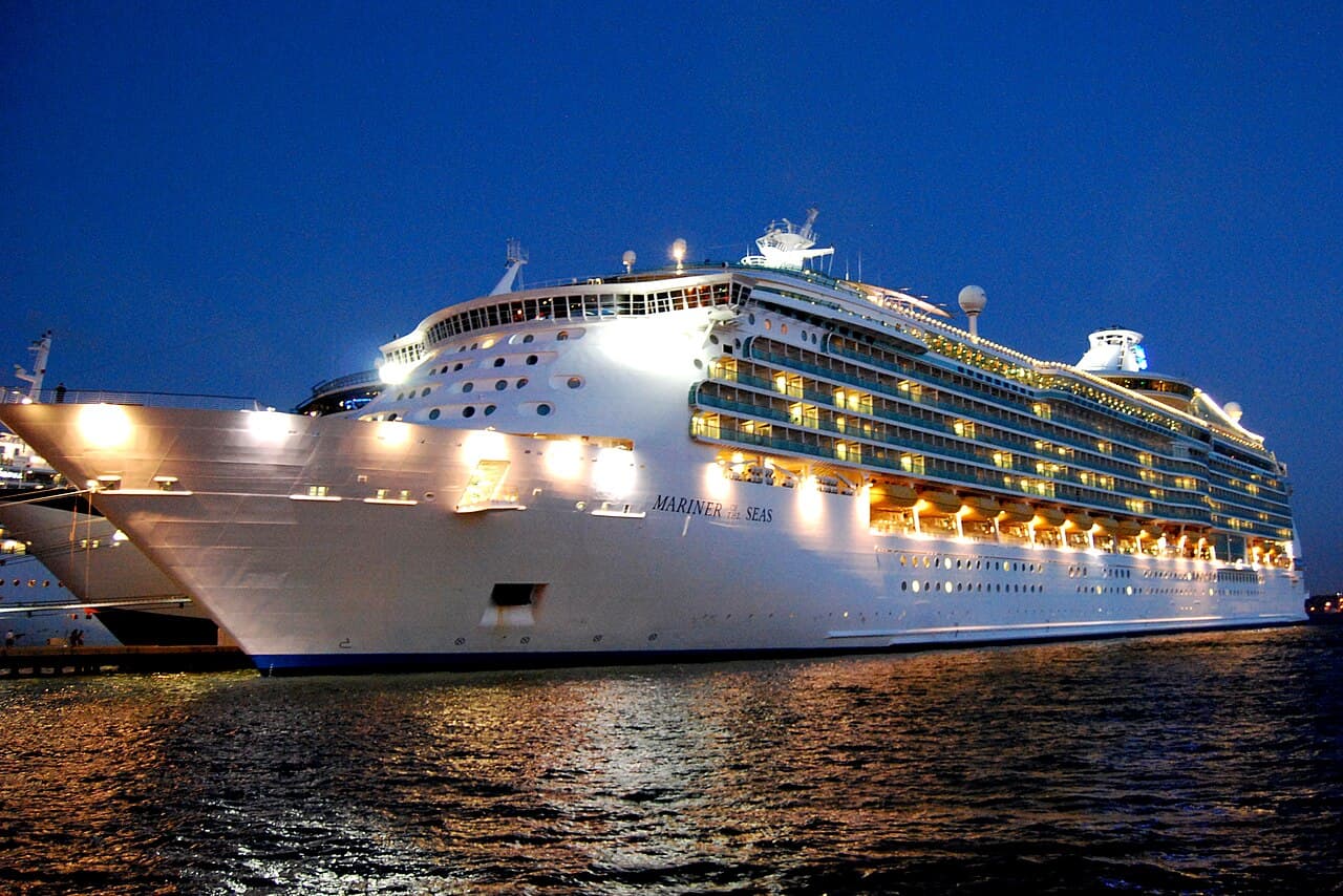 Mariner of the Seas docked in San Juan, Puerto Rico at dusk