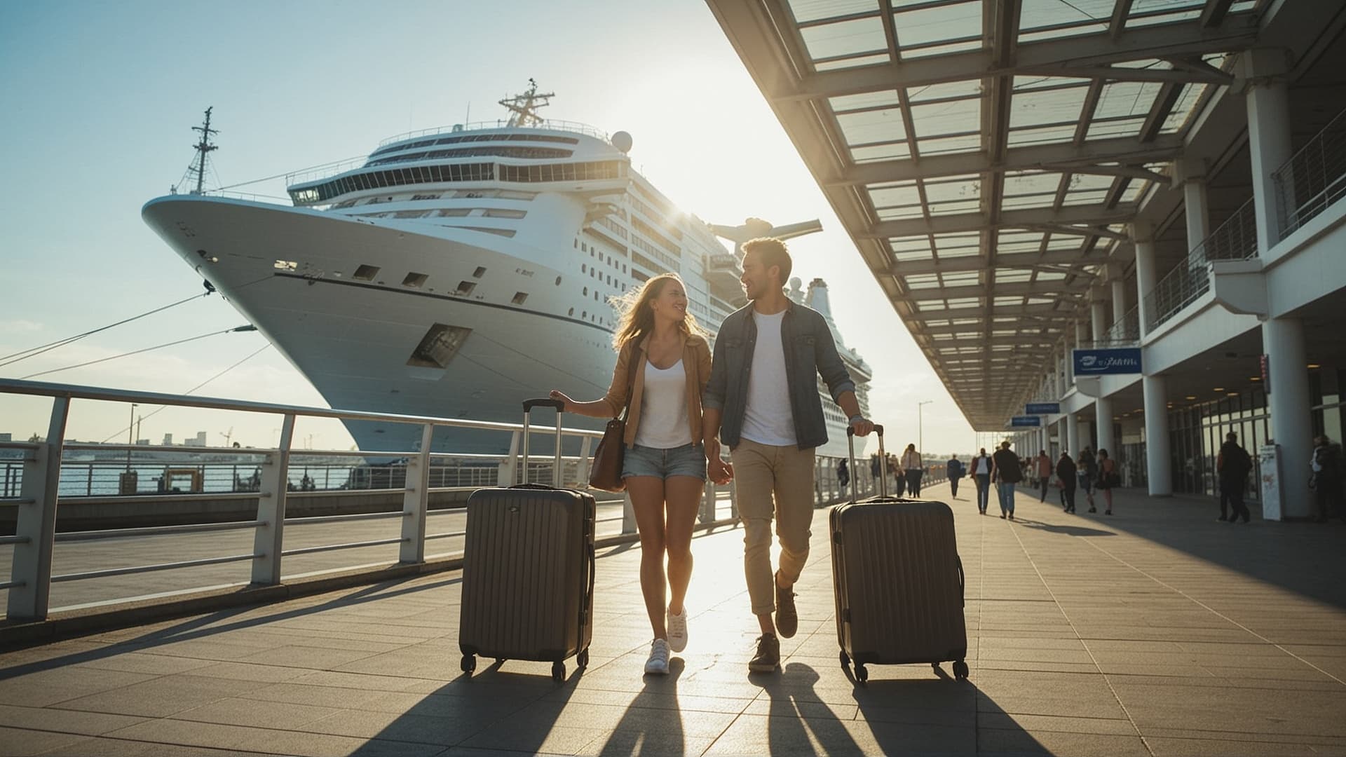 Excited couple arriving at cruise terminal