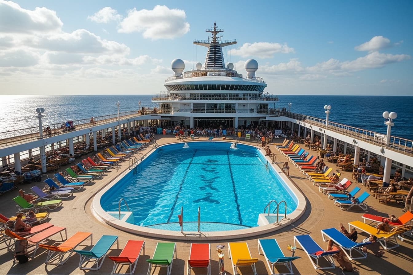 Cruise ship pool deck with passengers relaxing