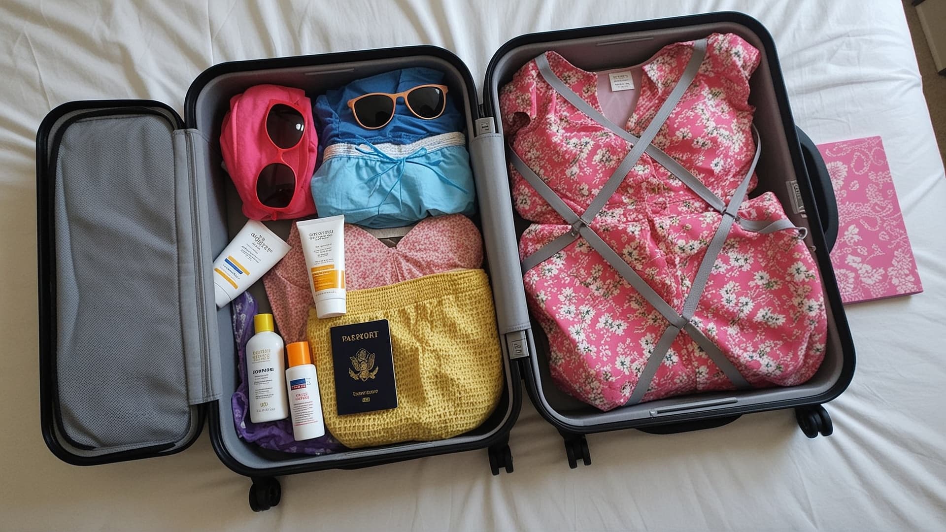Open suitcase neatly packed for a cruise vacation