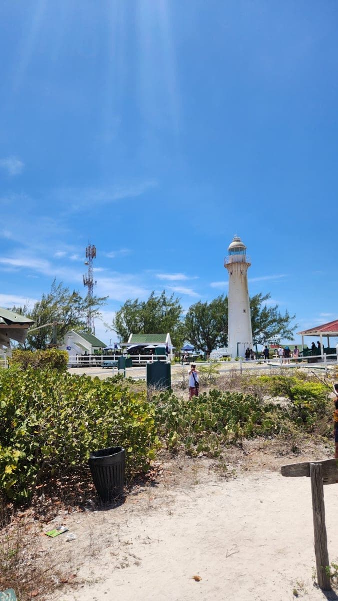 White Grand Turk Lighthouse beside low island vegetation and the historic lighthouse grounds