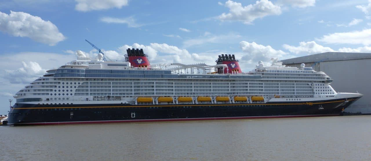 Disney Destiny cruise ship on the Ems River near the Meyer Werft shipyard in Germany