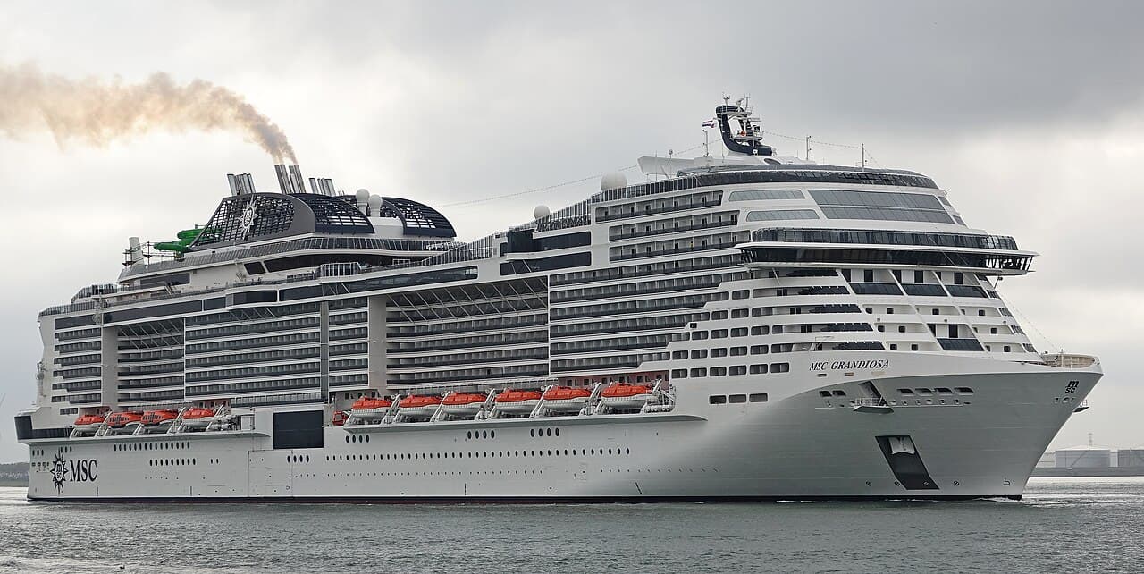 MSC Grandiosa cruise ship departing port, home to Cirque du Soleil at Sea