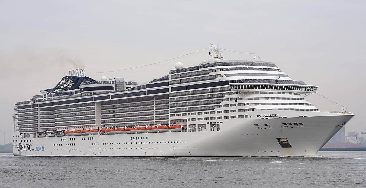 MSC Preziosa cruise ship departing the Nieuwe Waterweg near Rotterdam