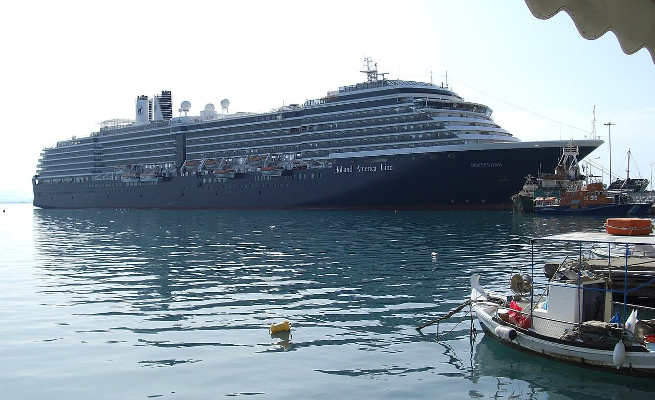 Oosterdam, Holland America's Vista-class ship, in the harbour at Katakolo, Greece