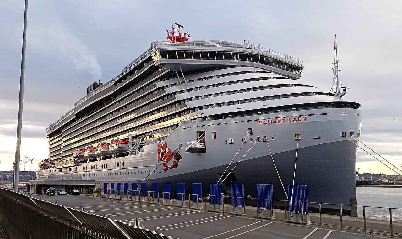 Valiant Lady, Virgin Voyages' second adults-only ship, docked in port